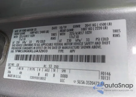 2020 Ford Escape Se из США, поврежденный, VIN 1FMCU9G6XLUA32933